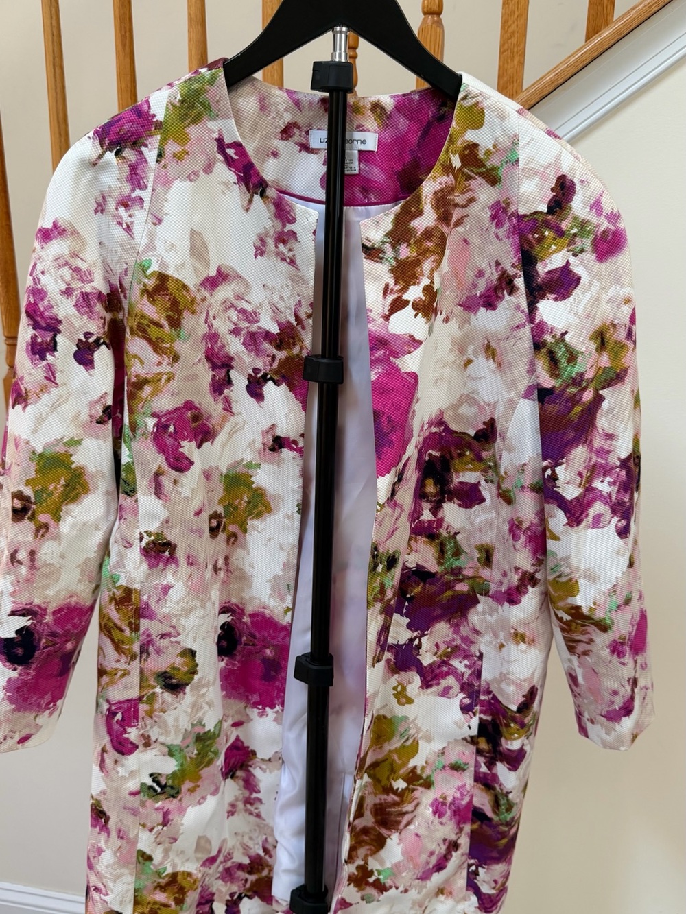 Liz Claiborne White Floral Watercolor Coat with Pink & Green Accents